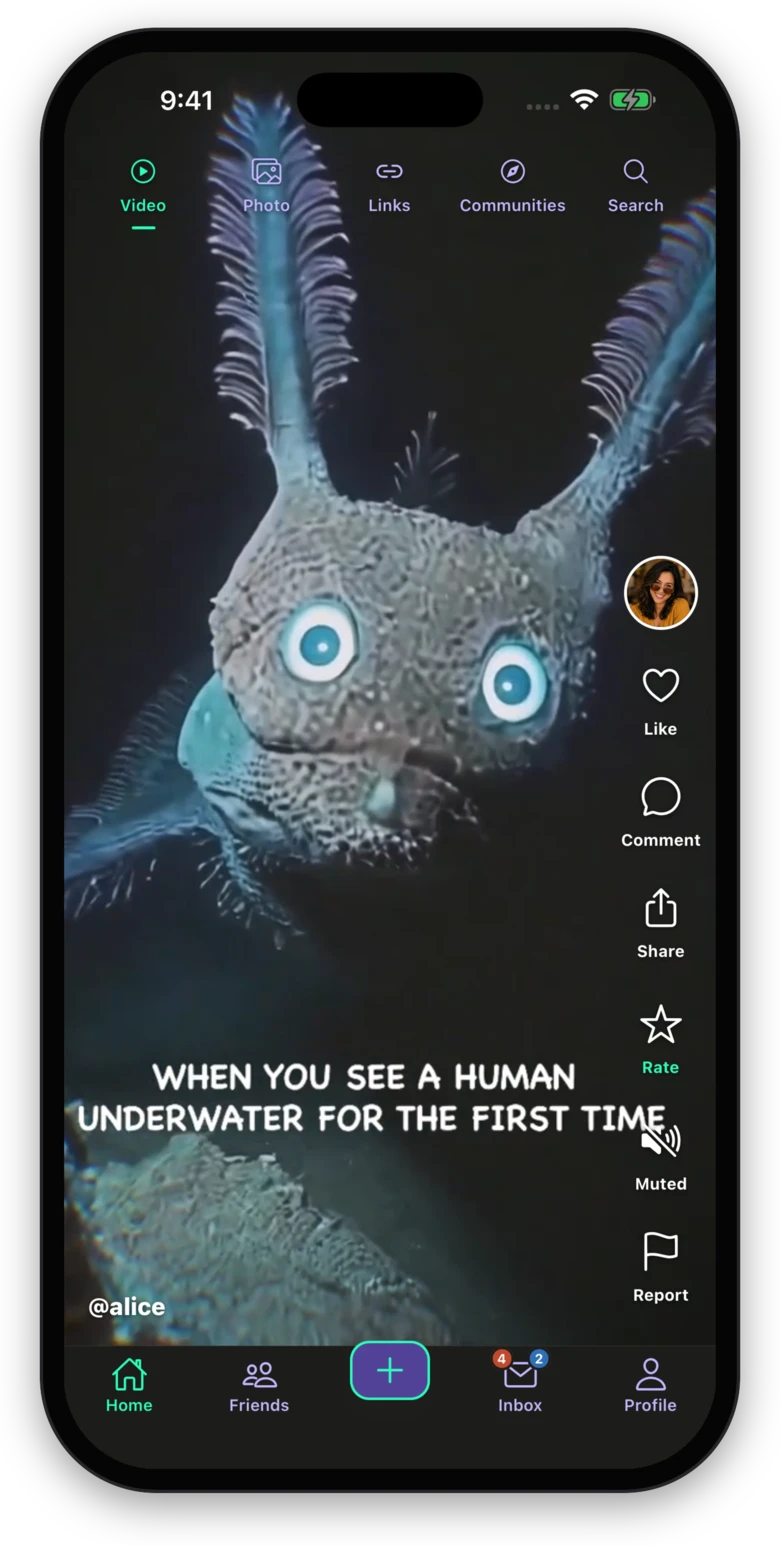 OurSpace video feed on an iPhone, showing a friend's post