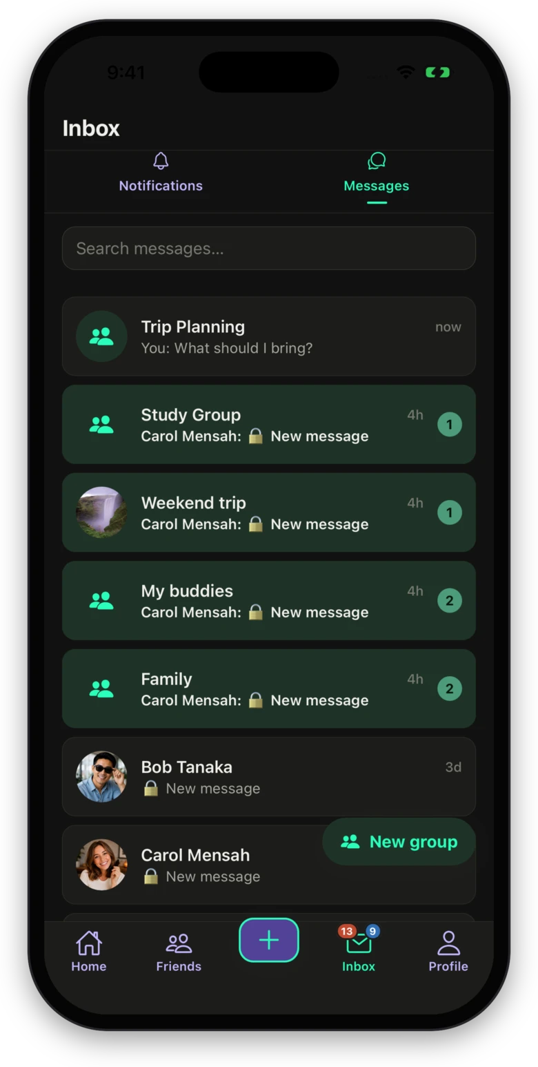 OurSpace inbox with end-to-end encrypted conversations shown as locked