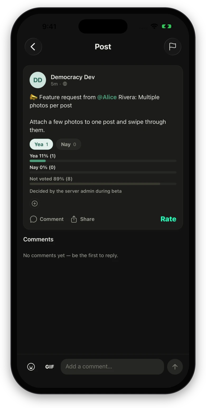A Democracy Dev feature proposal with live Yea and Nay vote bars